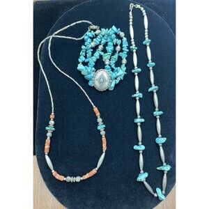 Southwestern Silver Tone Turquoise Coral Bead Necklace & Bracelet Lot Untested
